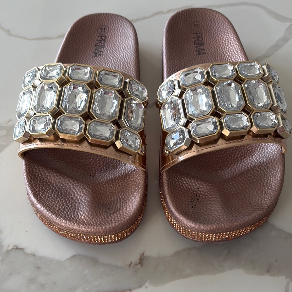 Bronze Crystal Embellished Sandals with Contoured Footbed
